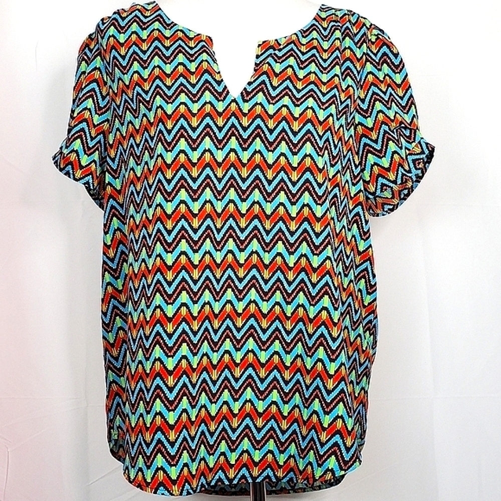 DANIEL RAINN SIZE L TOP MULTICOLOR‎ VIBRANT SPRING SUMMER GEO BLOUSE EUC